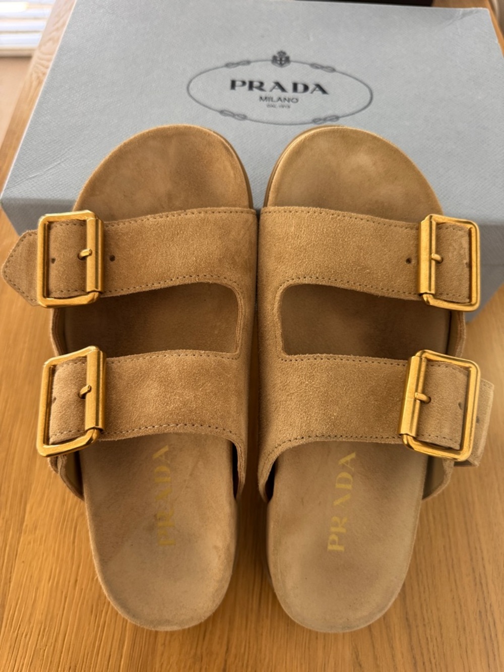 Prada Beige Suede Slides with Gold Accents